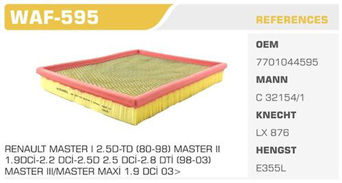 Winkel WAF-595 Hava Filtresi Master II Movano 2.5 S8U 2.8 DTI Kolı: 24 Ad 