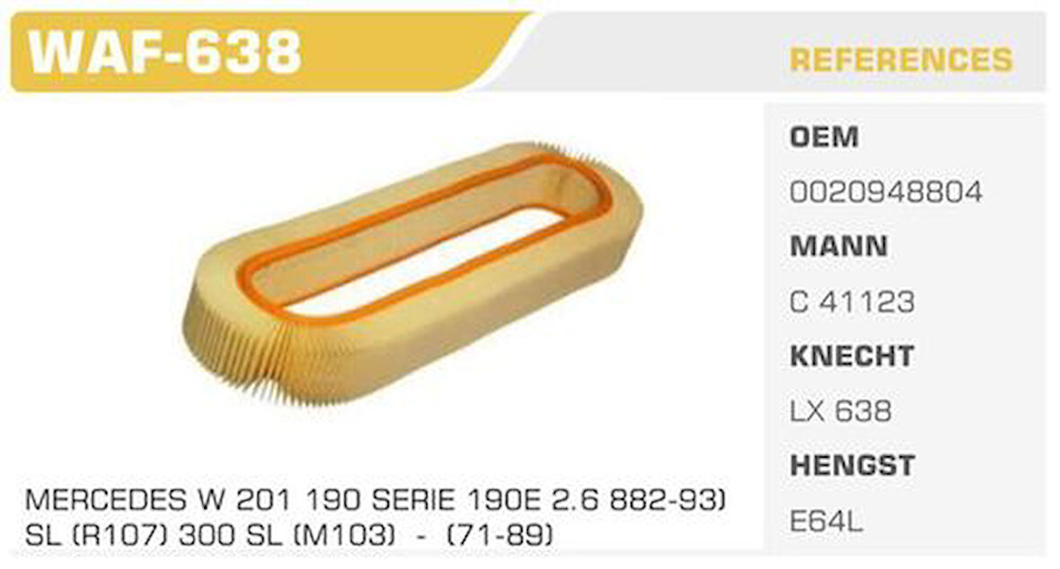 Winkel WAF-638 Hava Filtresi Mercedes 190 Serie W201 190 E 2.6 160Hp 86-93 Kolı: 16 Ad 