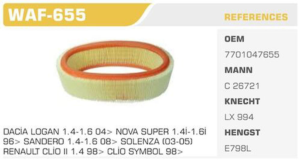 Winkel WAF-655 Hava Filtresi Clio II Symbol Kangoo Megane I Logan (Posetlı) Kolı: 27 Ad FN0103