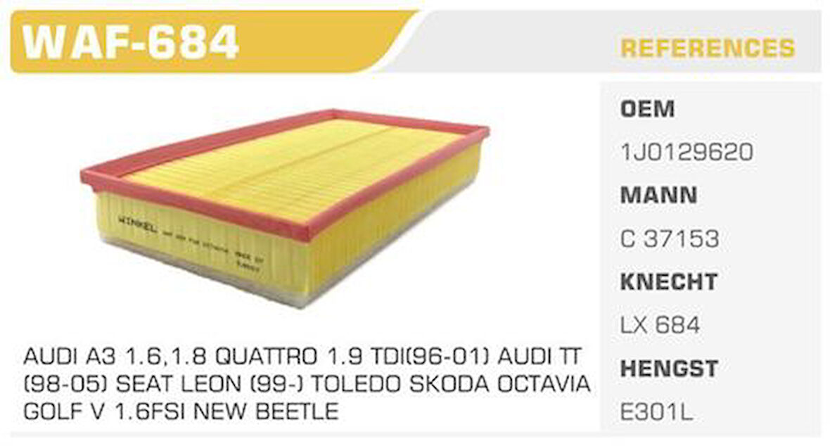 Winkel WAF-684 Hava Filtresi Golf IV Bora A3 Leon Octavia 1.6 1.8 1.8T AGU AKL AGN BFQ Kolı: 37 Ad FN4739