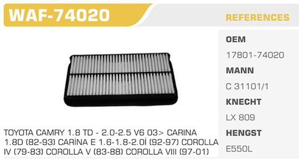 Winkel WAF-74020 Hava Filtresi Corona At191 3S 92-97 Camry 88-91 Carina 88-92 2.0D Kolı: 20 Ad 