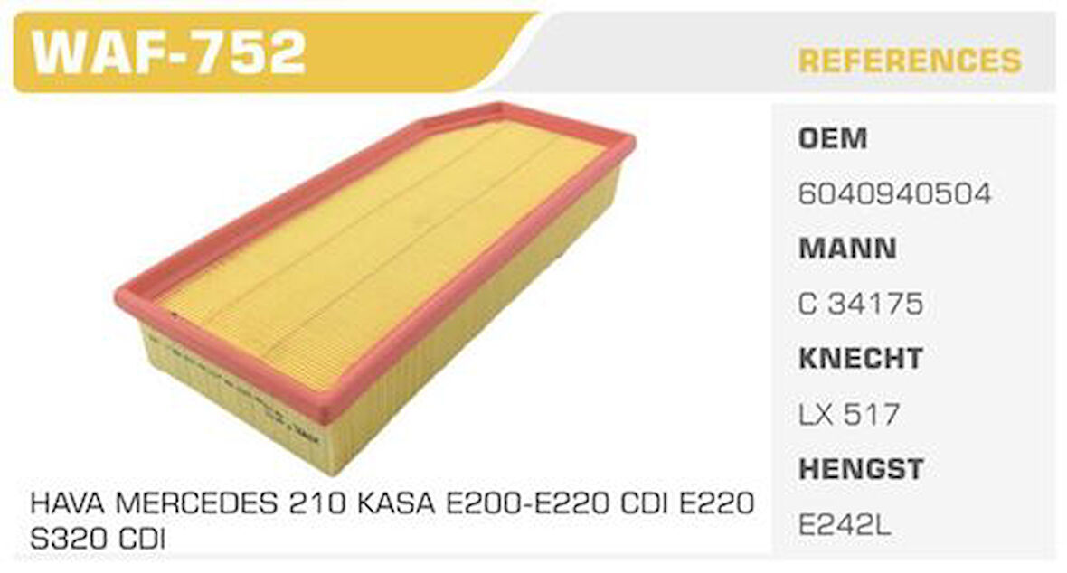 Winkel WAF-752 Hava Filtresi Mercedes E200 C200 C209 S210 G W163 W163 Ml 270 CDI W220 Kolı: 20 Ad FN4841