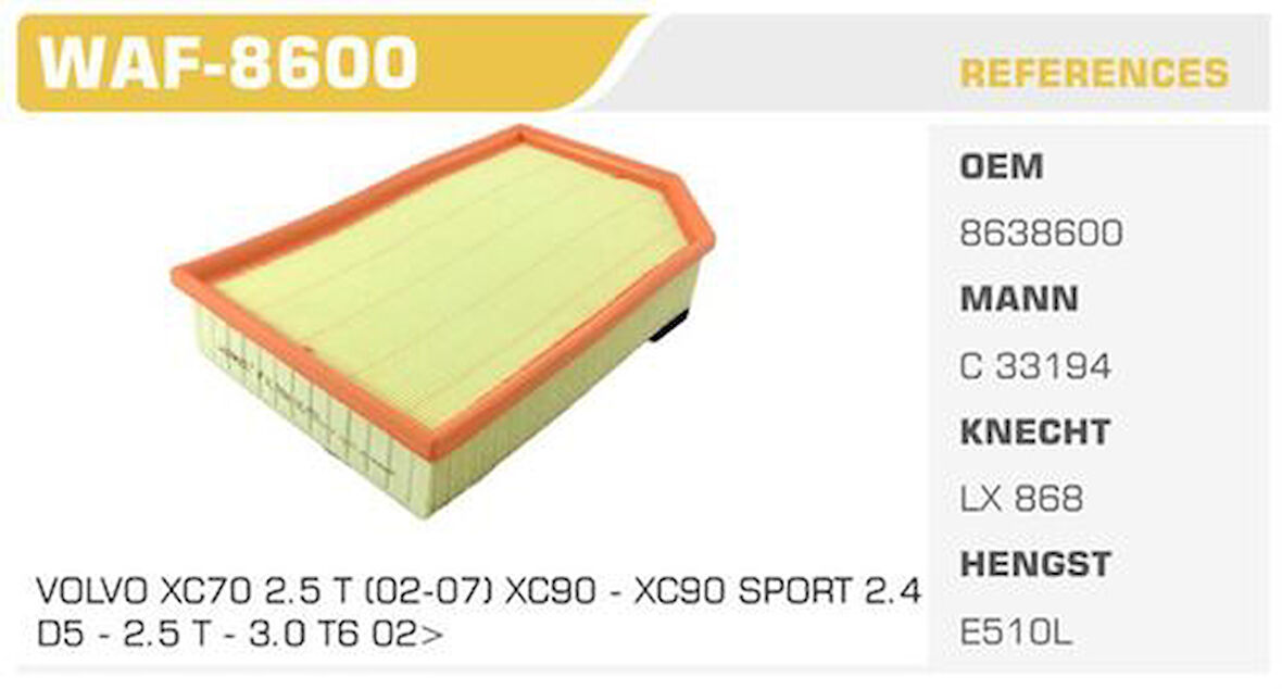 Winkel WAF-8600 Hava Filtresi XC70 02-Xc90 02-2.5T T6 D5 Kolı: 20 Ad 