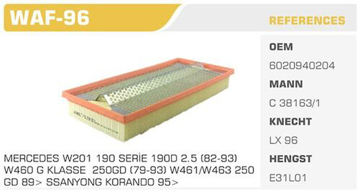 Winkel WAF-96 Hava Filtresi Mercedes 190 Serie W201 190 D 2.5 94Hp 89-93 Kolı: 20 Ad FN4843