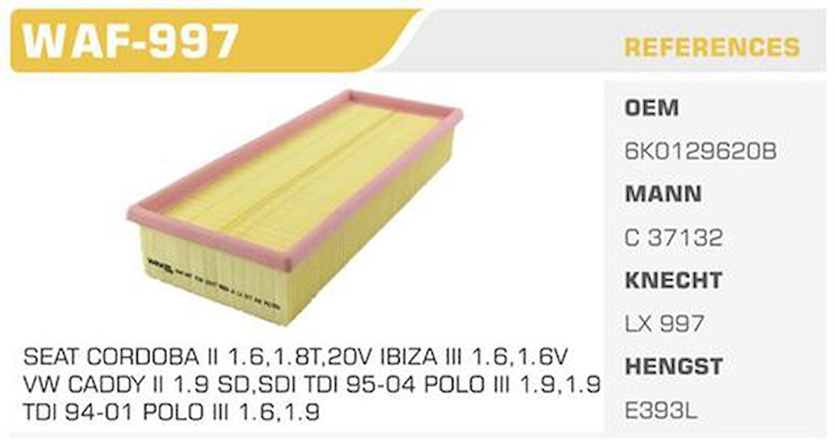 Winkel WAF-997 Hava Filtresi Polo Classic 00-Polo III Caddy II Cordoba Ibiza III 1.9 TDI SDI Kolı: 38 Ad FN4738