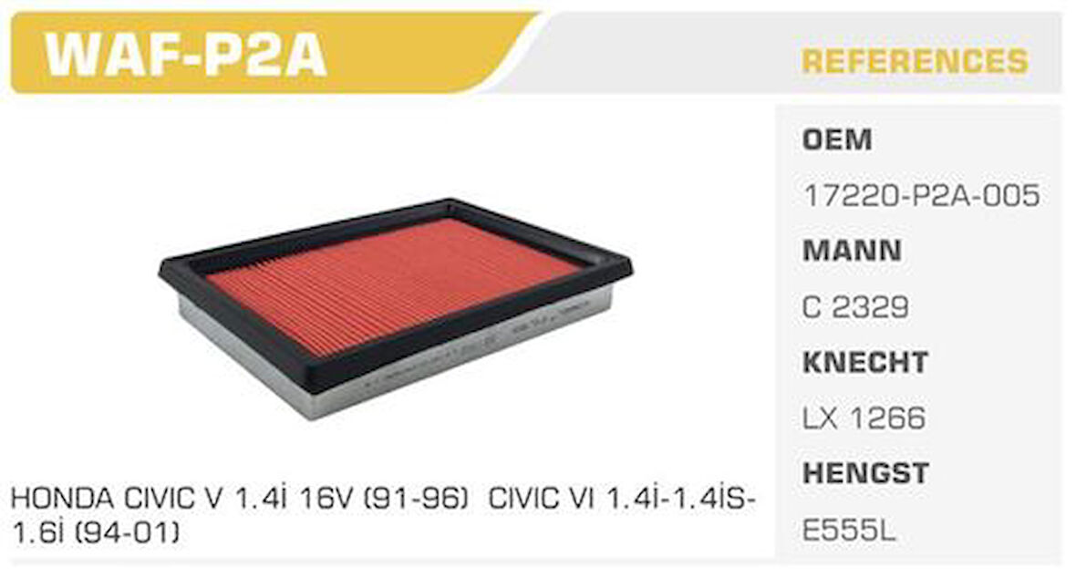 Winkel WAF-P2A Hava Filtresi Civic 96-00 Primera P11 96-00 Almera 95-00 Juke Legacy 89-94 1.4 1.6 Kolı: 40 Ad 