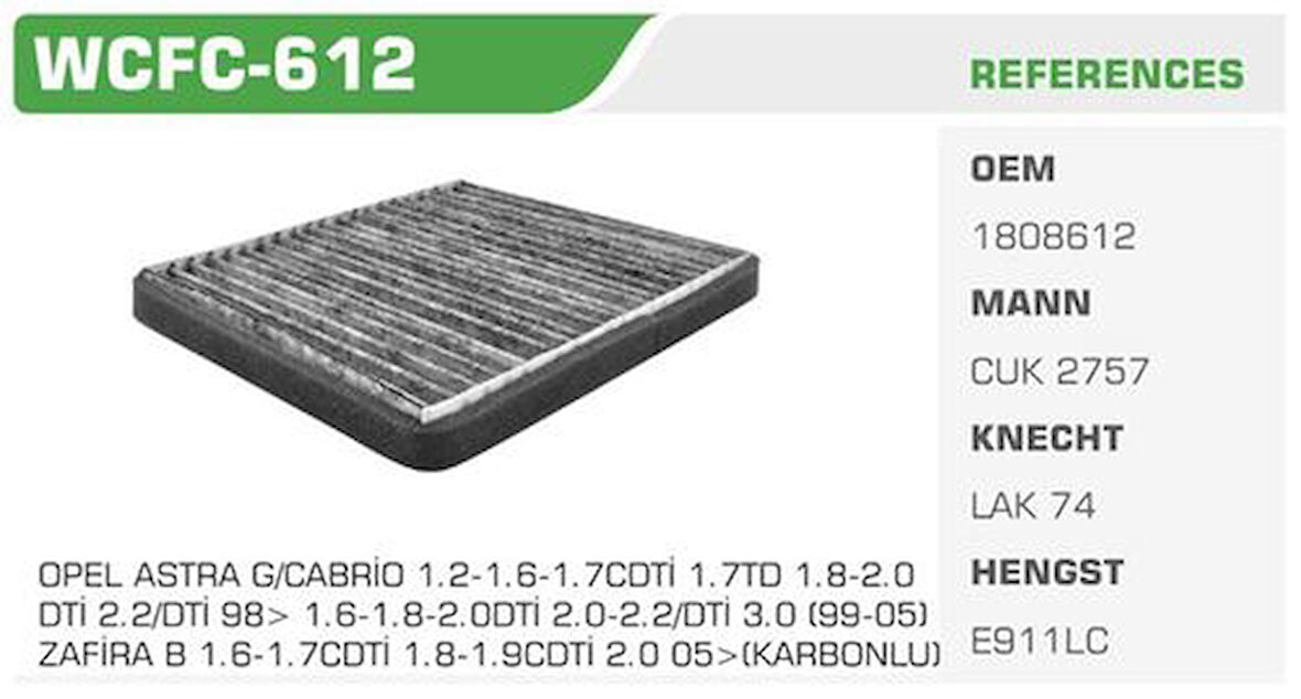 Winkel WCFC-612 Polen Filtresi Astra G 98-Zafira A Karbonlu Kolı: 36 Ad 