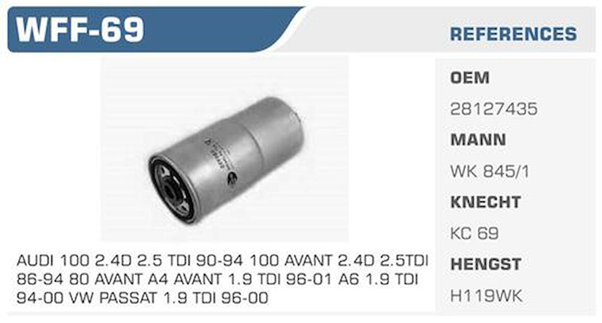 Wınkel Wff-69 Mazot Filtresi Passat 80 A4 A6 S70 1.9 TDI Ahh Ahu 1Z Kolı: 50 Ad.