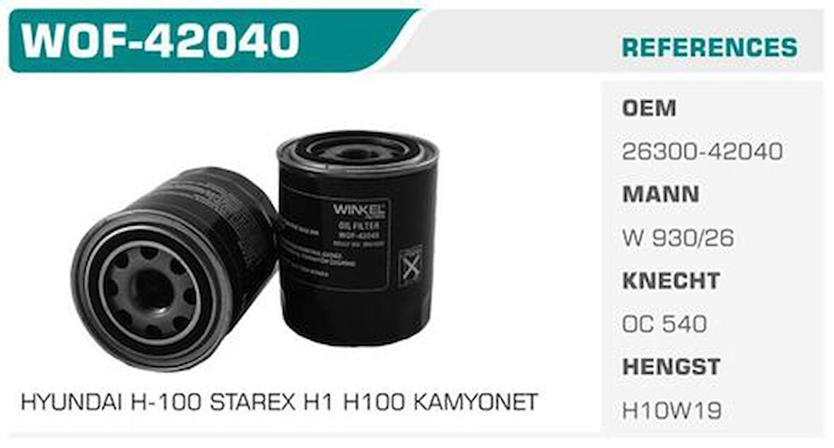 Winkel WOF-42040 Yağ Filtresi Stare x H100 Bongo L300 Kısa Tip Kolı: 24Ad 2630042040