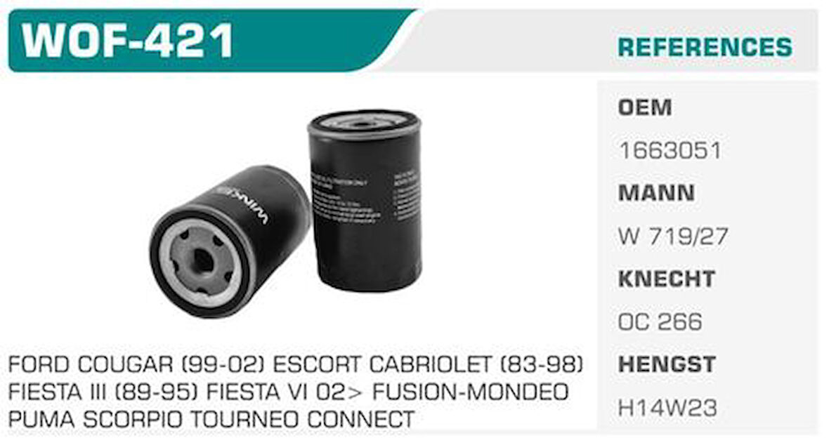 Winkel WOF-421 Yağ Filtresi Fiesta III IV V Focus 98-04 Mondeo Escort V VI VII 92-00 Connect 1.6 16V 1.8 16V 2.0 16V Kolı: 24 Ad FN0198