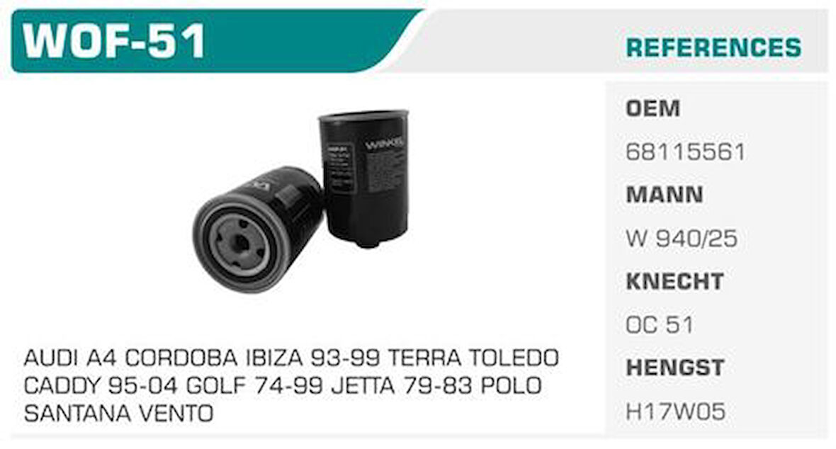Winkel WOF-51 Yağ Filtresi Golf III 83-99 Polo 82-96 Jetta 80-91 Passat 80-96 Caddy II 95-04 Transporter LT35 82-96 100 A4 Kolı: 24Ad MRMOEM-1085754
