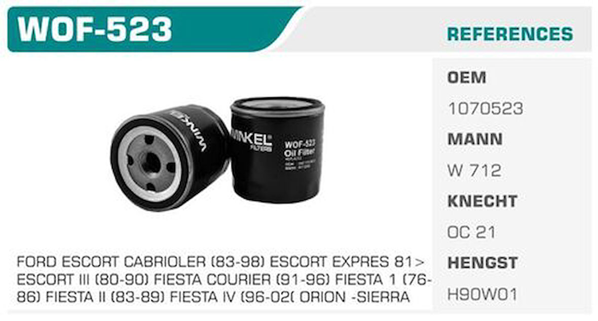 Winkel WOF-523 Yağ Filtresi Ascona Kadett Fiesta IV Fiesta V 02-Focus Focus II III Fusion C-Max Mondeo III Mondeo IV Ka Kolı: 24 Ad FN1009