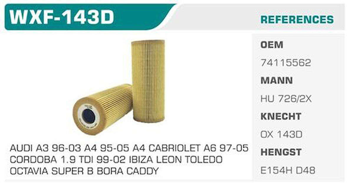 Winkel WXF-143D Yağ Filtresi Golf IV Bora Passat Caddy II Transporter T5 LT35 Crafter A4 1.9 TDI AGR 2.5 TDI Kolı: 50 Ad FN0034