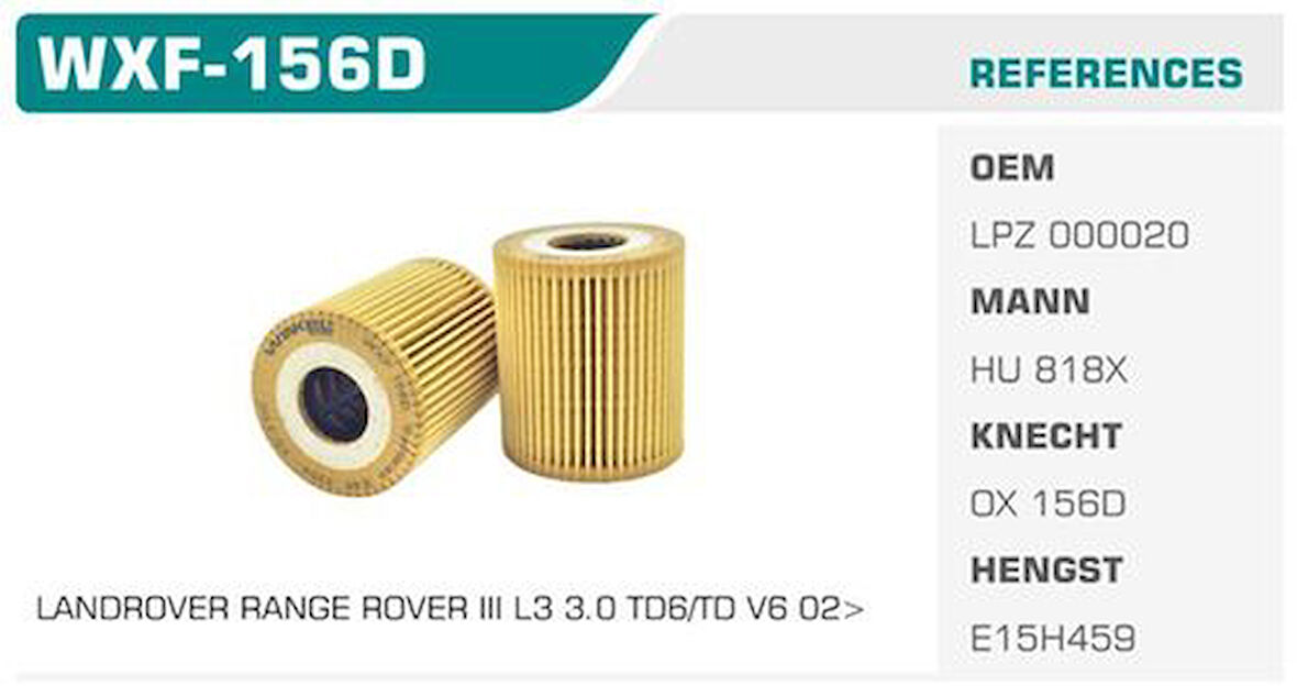 Winkel WXF-156D Yağ Filtresi BMW 3 E46 BMW 5 E39 BMW 7 E38 BMW X4 Range Rover III 4x4 3.30D Xd 5.25 5.30 3.0 Td6 Eco Mann Tipi Kolı: 50 Ad 