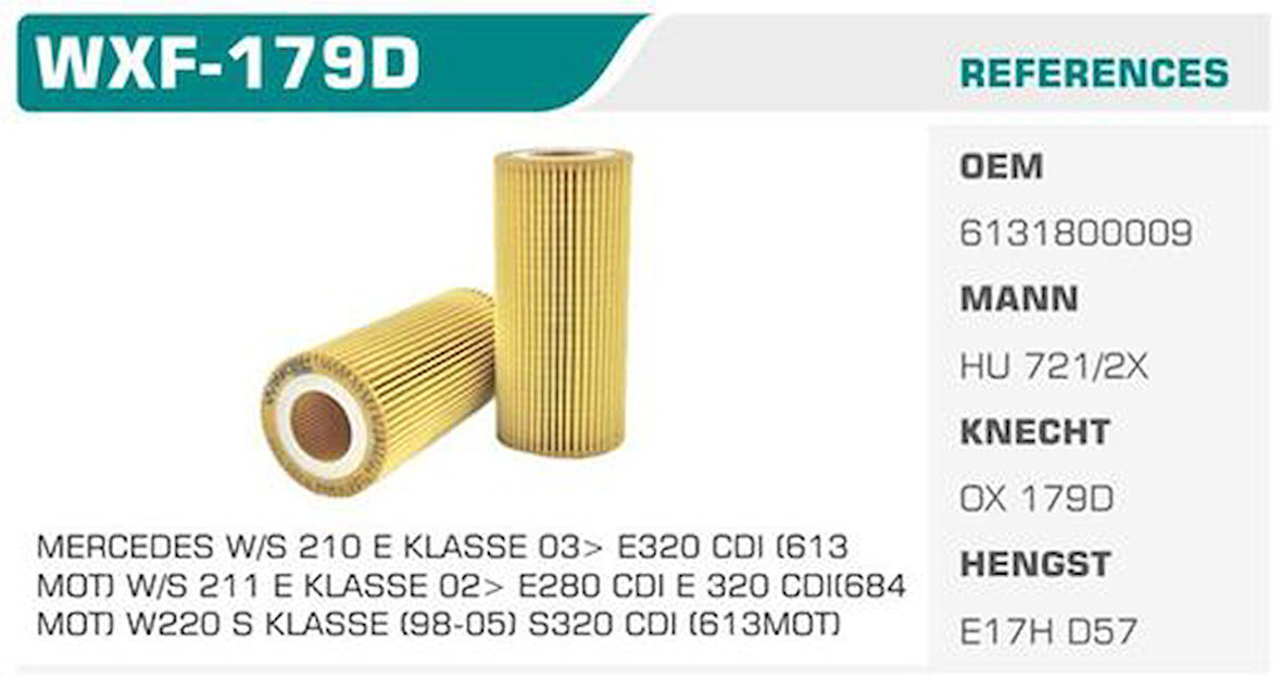 Winkel WXF-179D Yağ Filtresi Mercedes C30 E320 E280 S320 Ducato Boxer Jumper Eco Mann Tipi Kolı: 50 Ad FN1101