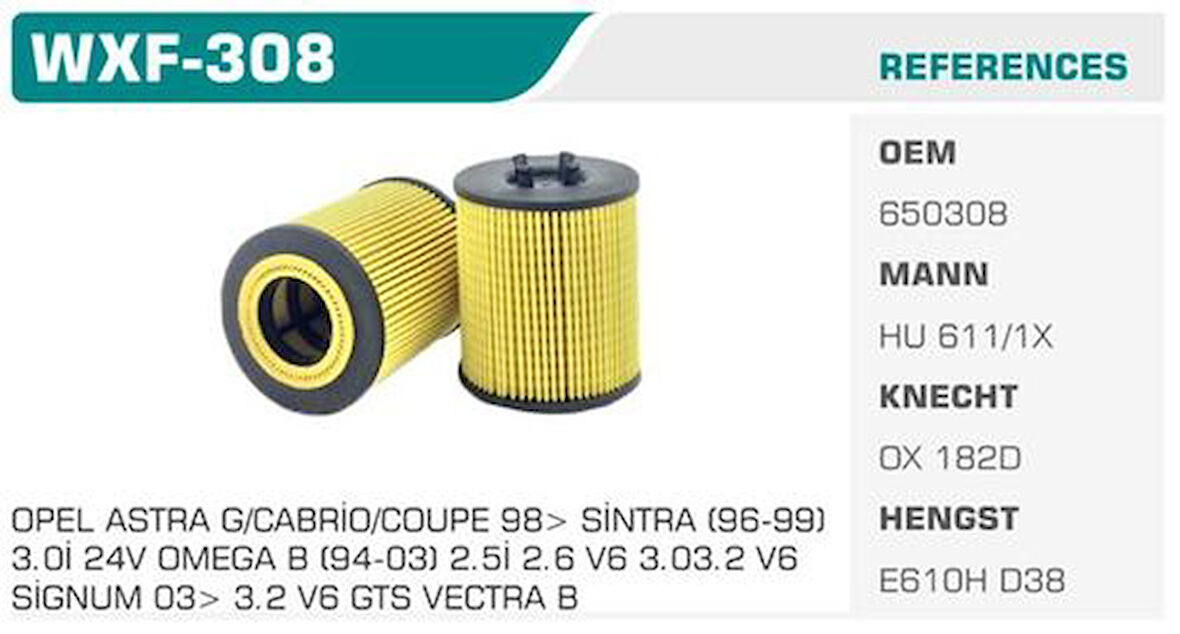 Winkel WXF-308 Yağ Filtresi Astra G Vectra B C Omega B 1.8 16V 2.5 V6 3.0 V6 Eco Kolı: 50 Ad FN1081