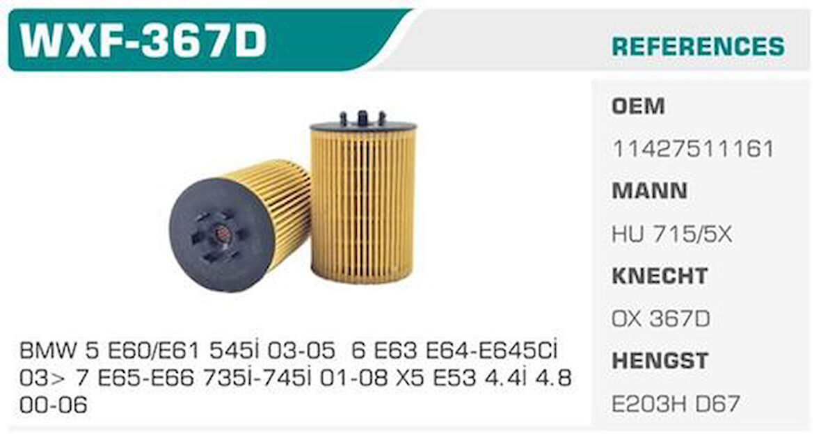 Winkel WXF-367D Yağ Filtresi BMW 5 E60 E61 BMW 6 E63 BMW X5 E53 545I 645Cı Eco Mann Tipi Kolı: 50 Ad 