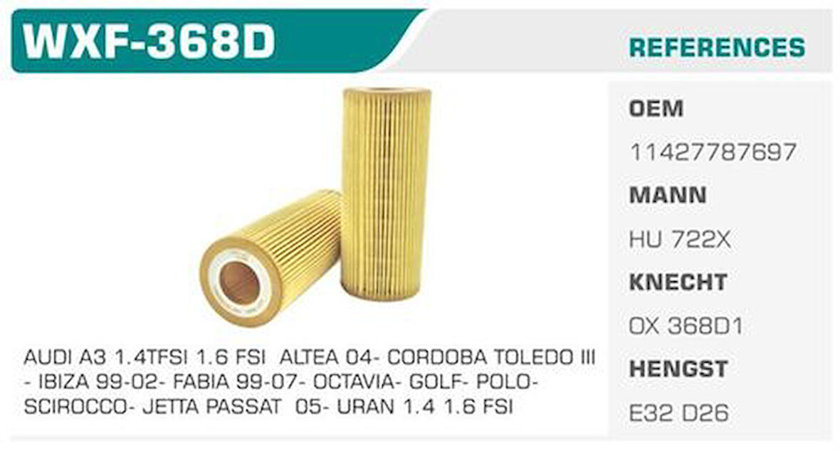 Winkel WXF-368D Yağ Filtresi BMW 3 BMW 5 BMW 7 Eco Mann Tipi Kolı: 50 Ad 