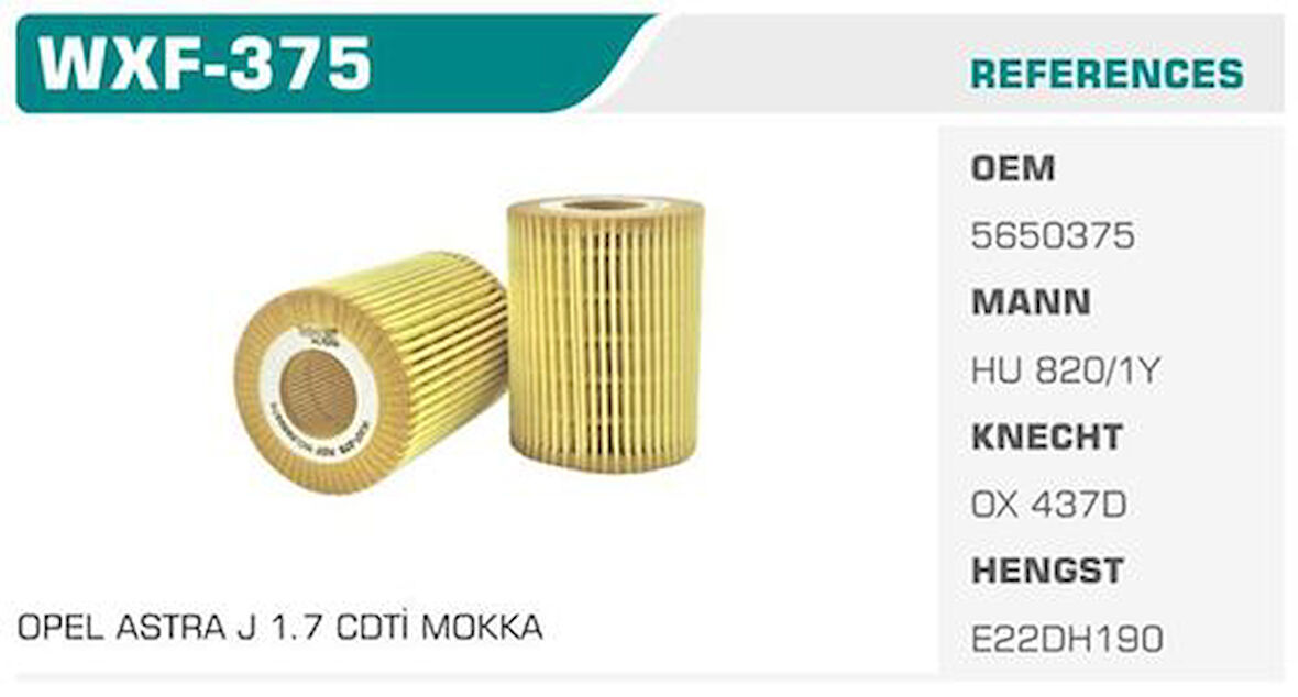 Winkel WXF-375 Yağ Filtresi Astra H J Corsa D Zafira Meriva 1.7 CDTI Kolı: 50 Ad FN1115