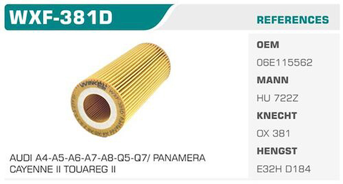 Winkel WXF-381D Yağ Filtresi A4 A5 A6 A8 3.0 TFSI 3.2 FSI 2.8 FSI 3.2 FSI Kolı: 50 Ad FN20150