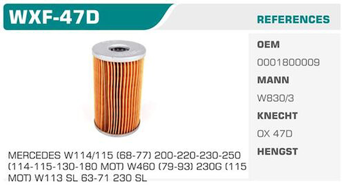 Winkel WXF-47D Yağ Filtresi Mercedes W108 109 300 Sel 8 160Hp 68-72 Eco Kolı: 50 Ad 