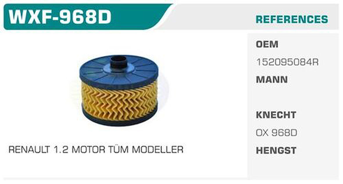 Winkel WXF-968D Yağ Filtresi Clio IV Megane III Scenic III Captur Dokker 1.2 TCE 0.9 TCE 90Ps TCE Kolı: 50 Ad FN0192