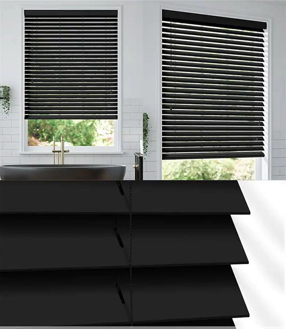Wooden Blinds %100 Doğal Ahşap Jaluzi Perde 50mm, Alüminyum Kasalı Yüksek Kaliteli - Siyah