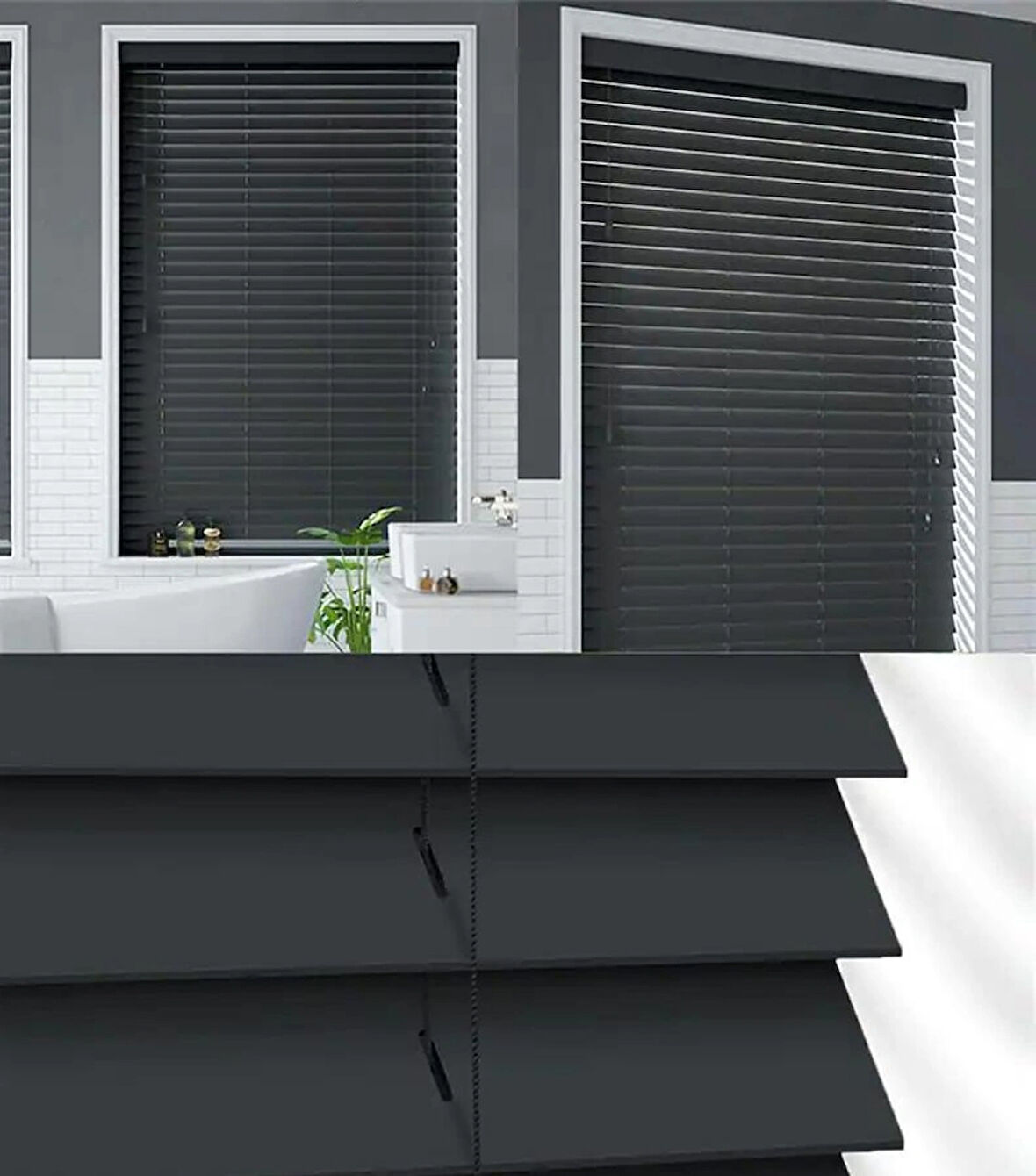 Wooden Blinds %100 Doğal Ahşap Jaluzi Perde 50mm, Alüminyum Kasalı Yüksek Kaliteli - Antrasit (KURDELASIZ)