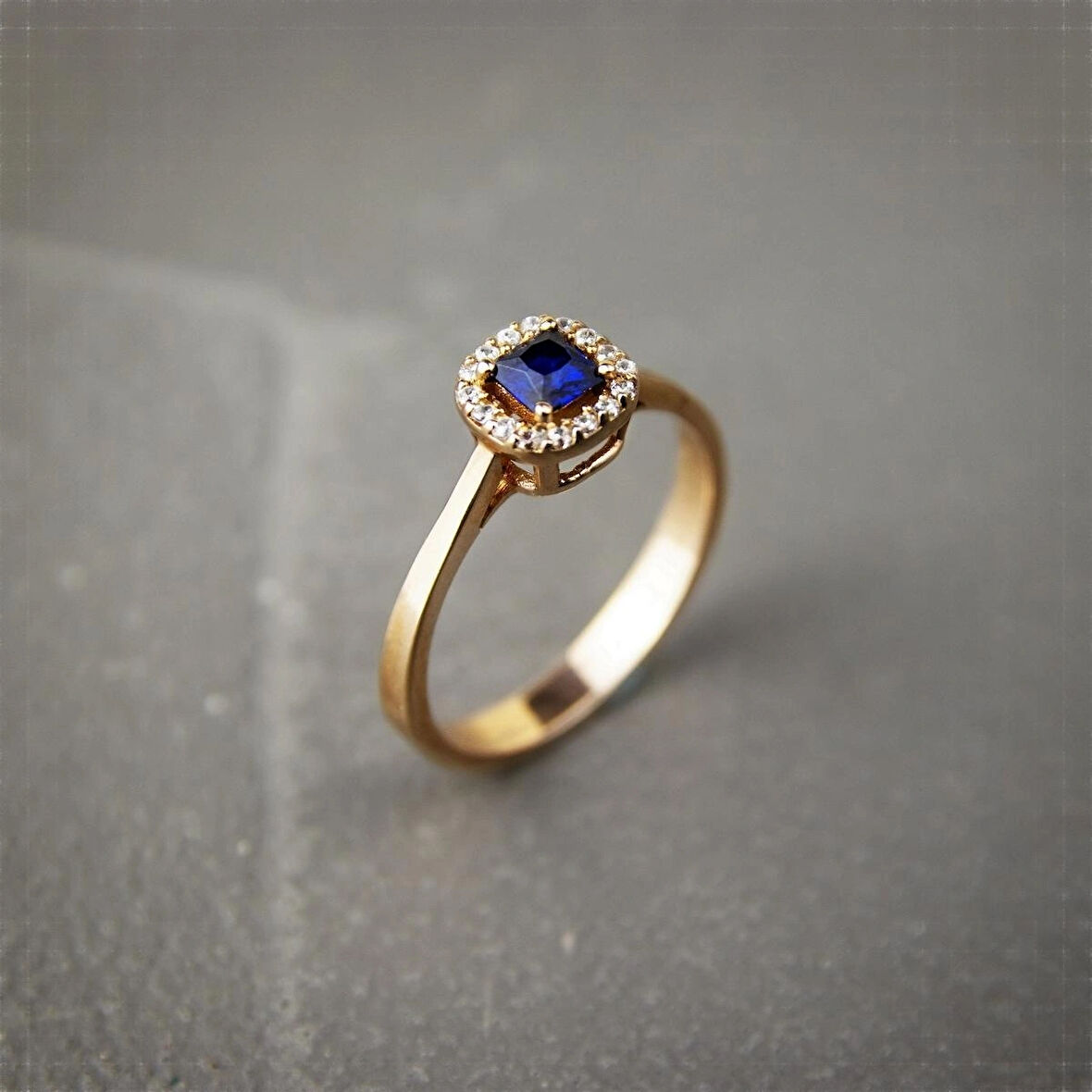 Mavi Kare Taşlı 925 Ayar Minimal Rose Gümüş Yüzük 