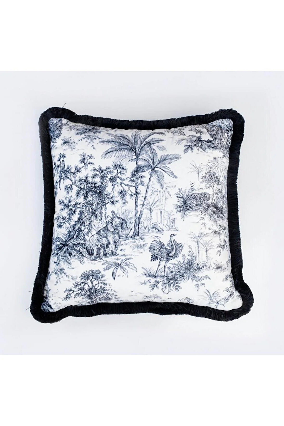 Siyah Tropikal Orman Yastık/Kırlent (Dolgu Boncuk Elyaf, Ulusl. Yıkama Ve Solmama Sertifikası)