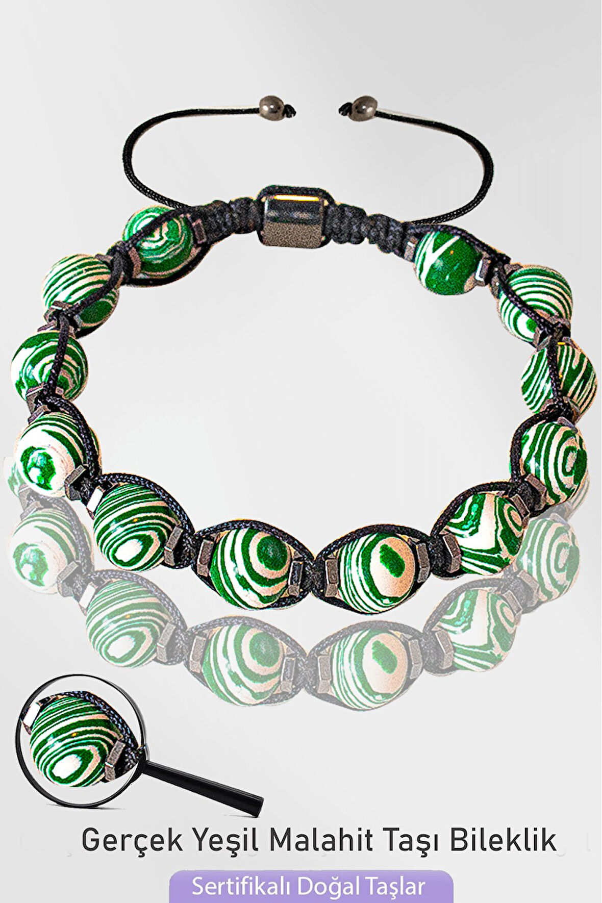 Sertifikalı Makrome Doğal Yeşil Malahit Taşı Bileklik - Ayarlamalı