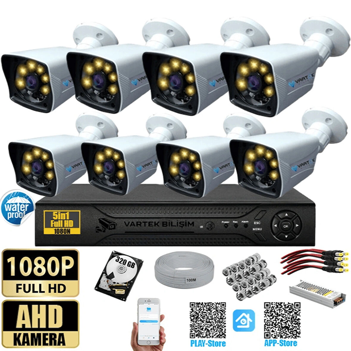 8 Kameralı 320 GB HDD Gece Renkli 5MP Lensli 1080P FULLHD Kamera Seti - Sabit İP Gerektirmez-Tak Çalıştır
