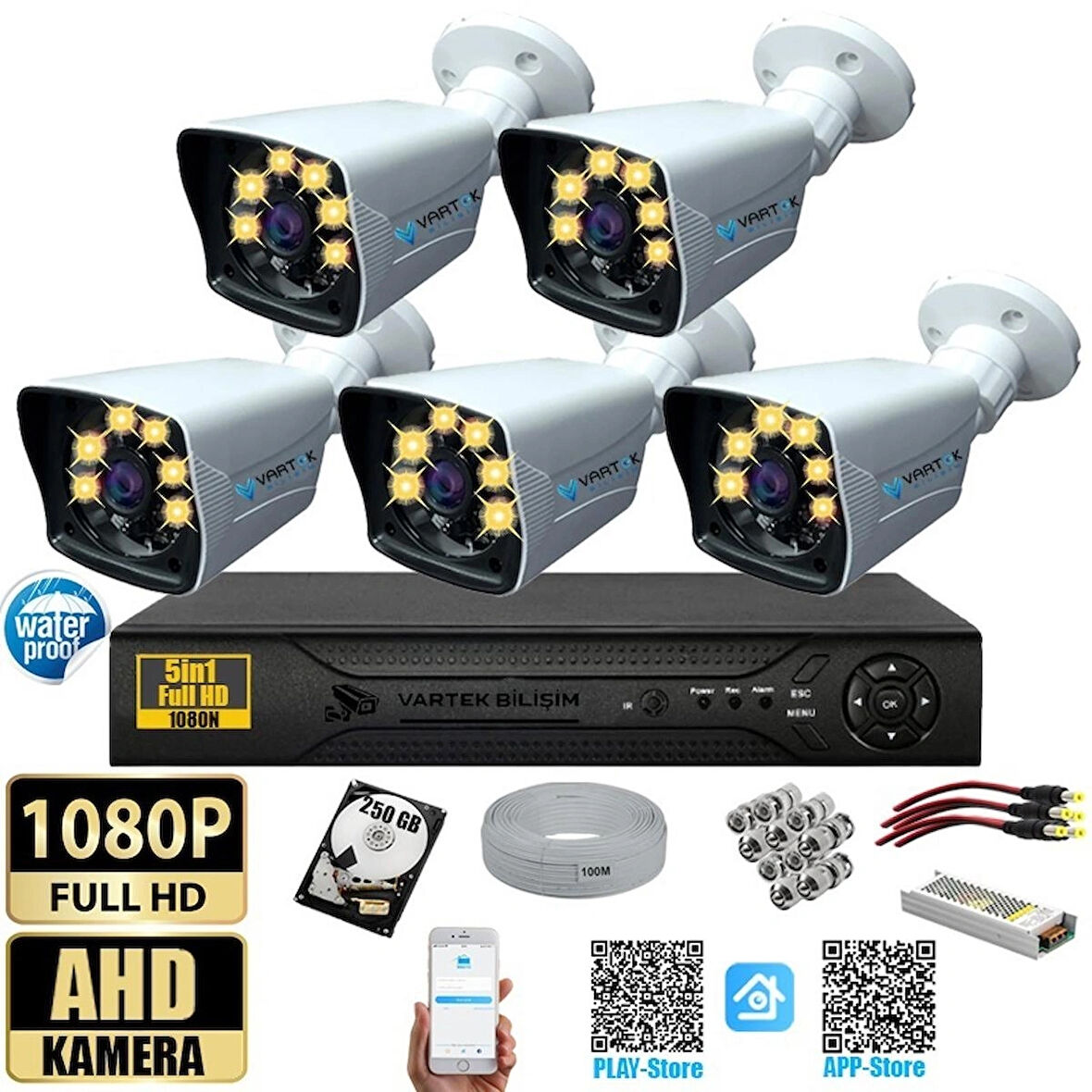 5 Kameralı 250 GB HDD Gece Renkli 5MP Lensli 1080P FULLHD Kamera Seti - Sabit İP Gerektirmez-Tak Çalıştır