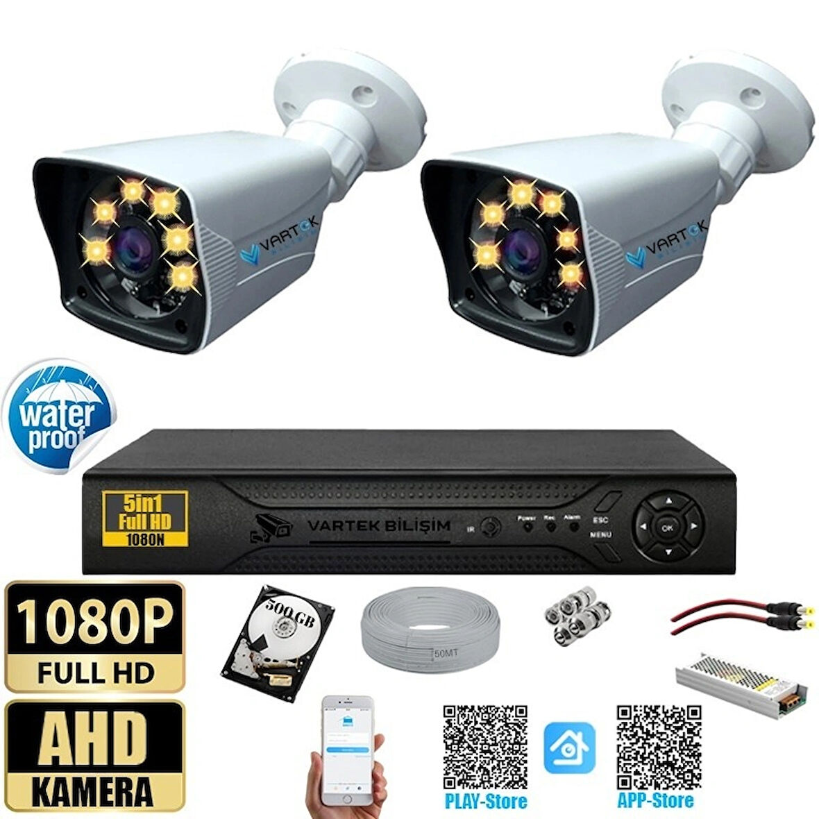 2 Kameralı 500 GB HDD Gece Renkli 5MP Lensli 1080P FULLHD Kamera Seti - Su Gecirmez- Sabit İP Gerektirmez