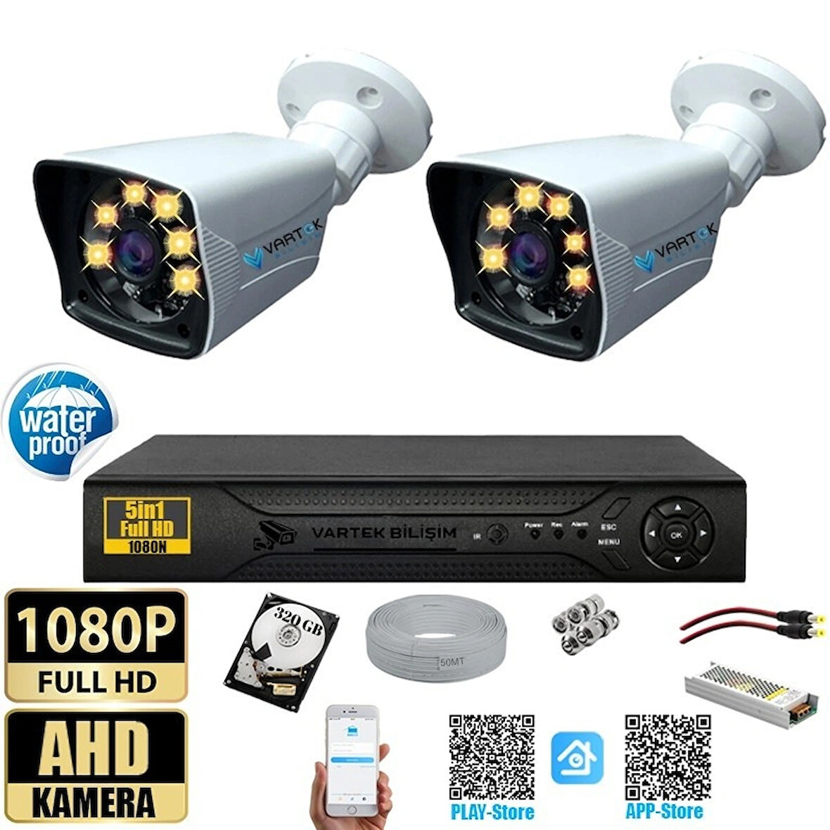2 Kameralı 320 GB HDD Gece Renkli 5MP Lensli 1080P FULLHD Kamera Seti - Su Gecirmez- Sabit İP Gerektirmez