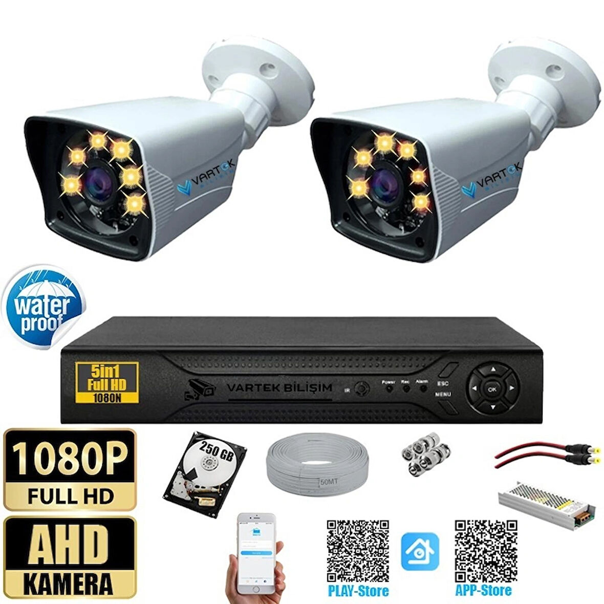 2 Kameralı 250 GB HDD Gece Renkli 5MP Lensli 1080P FULLHD Kamera Seti - Su Gecirmez- Sabit İP Gerektirmez