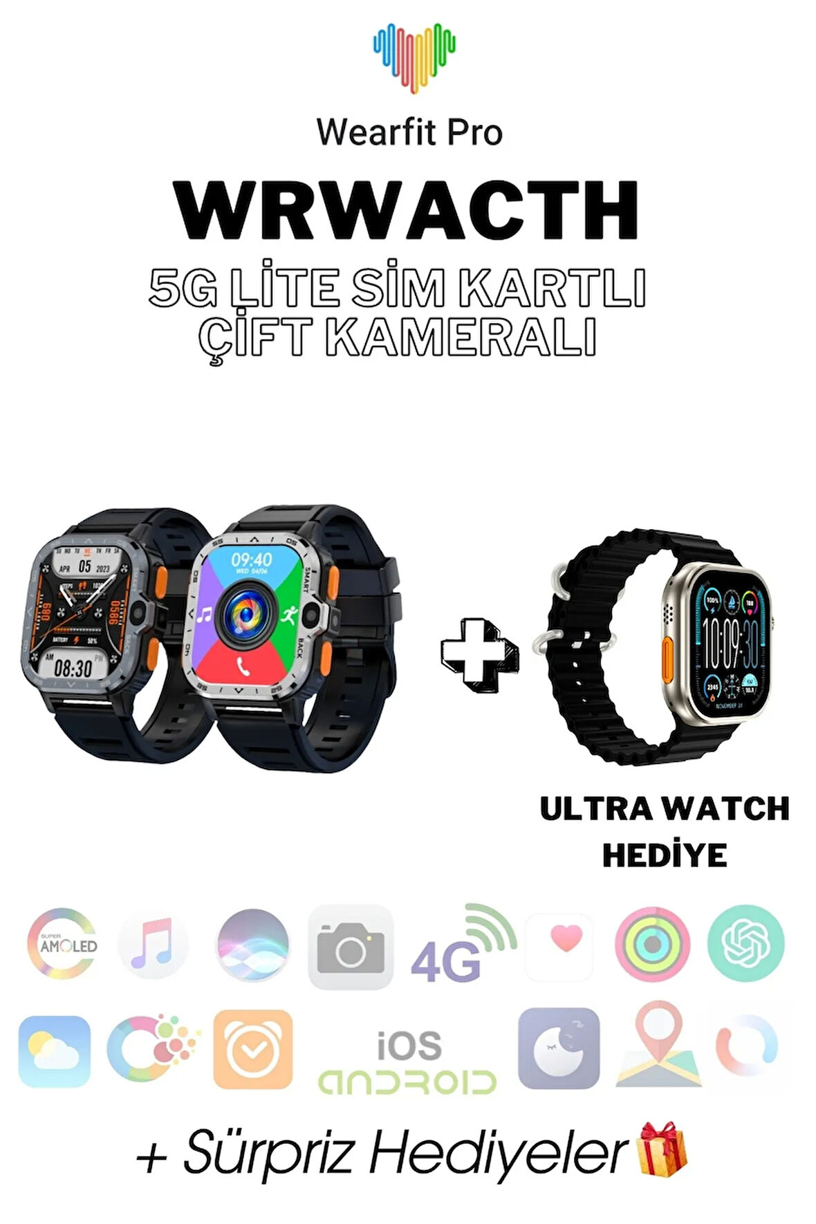 WRWATCH 5G Lite Sim Kart Çift Kamera BTK Yeni Nesil Özellikler 16gb 51mm Akıllı Saat + Ultra Watch