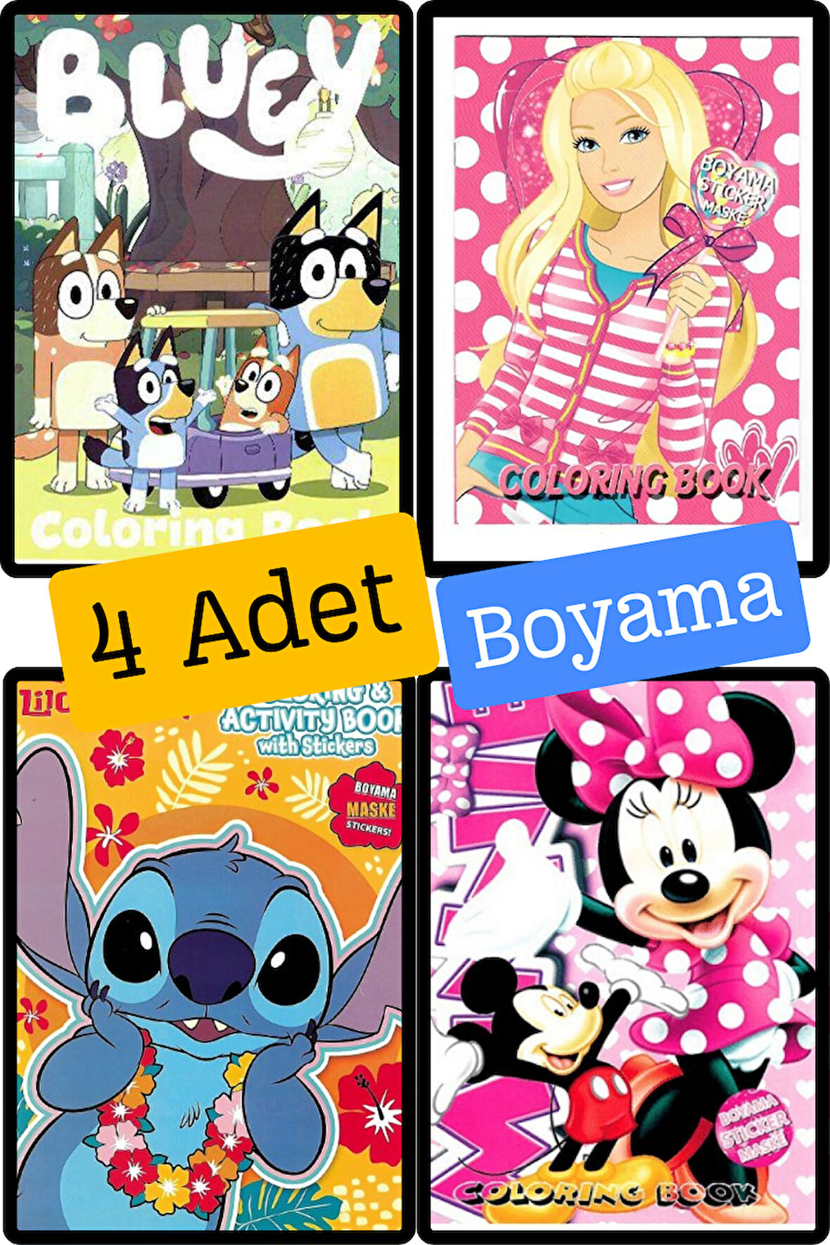 4'lü Bluey Karakterleri Mickey Mouse Barbie Min boyama kitabı seti(boyama, sticker, arka kapak maske)