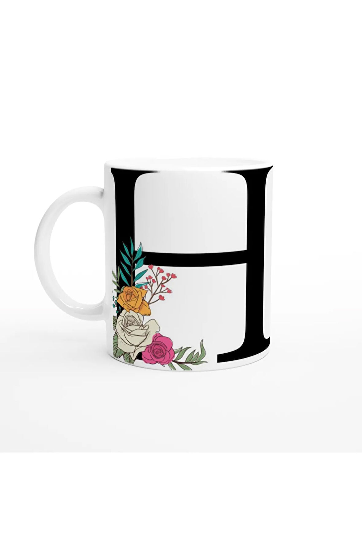 H Harfi Çiçek Motifli Kupa Bardak