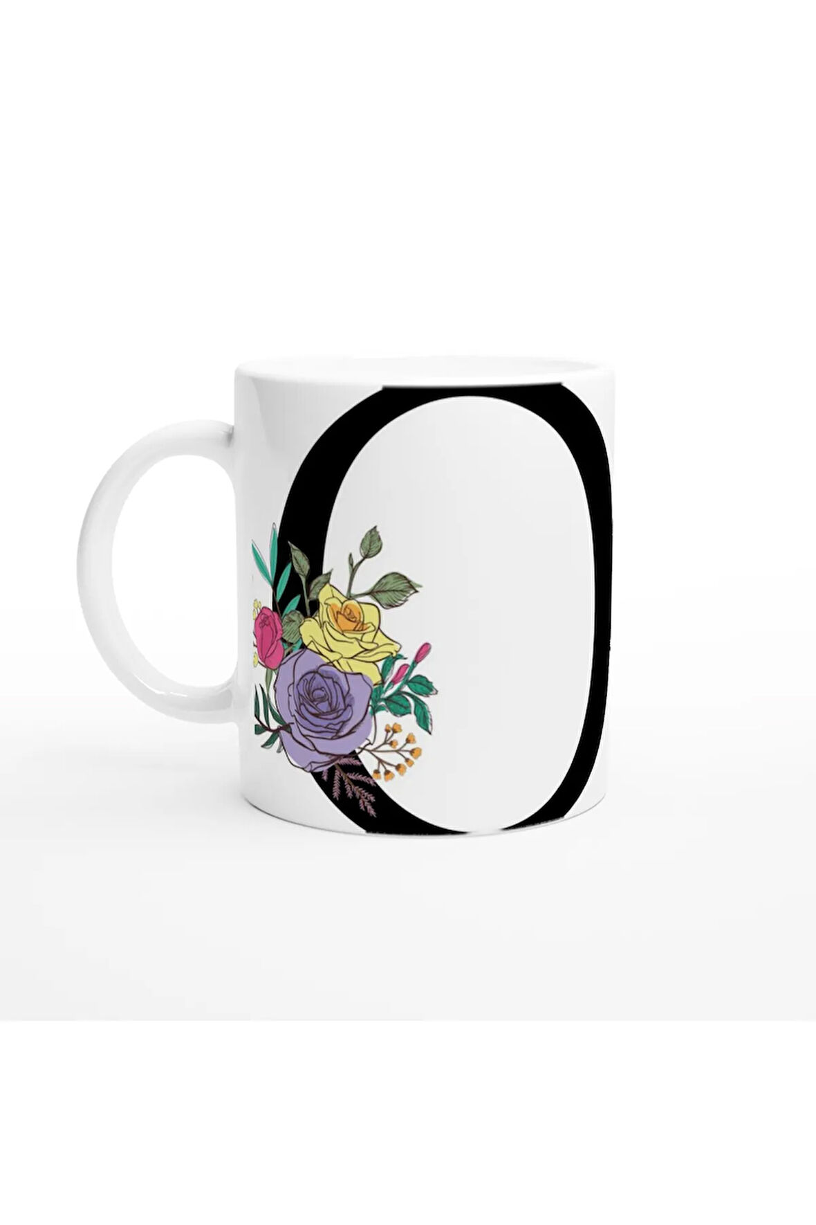 O Harfi Çiçek Süslemeli Harfli Kupa Bardak