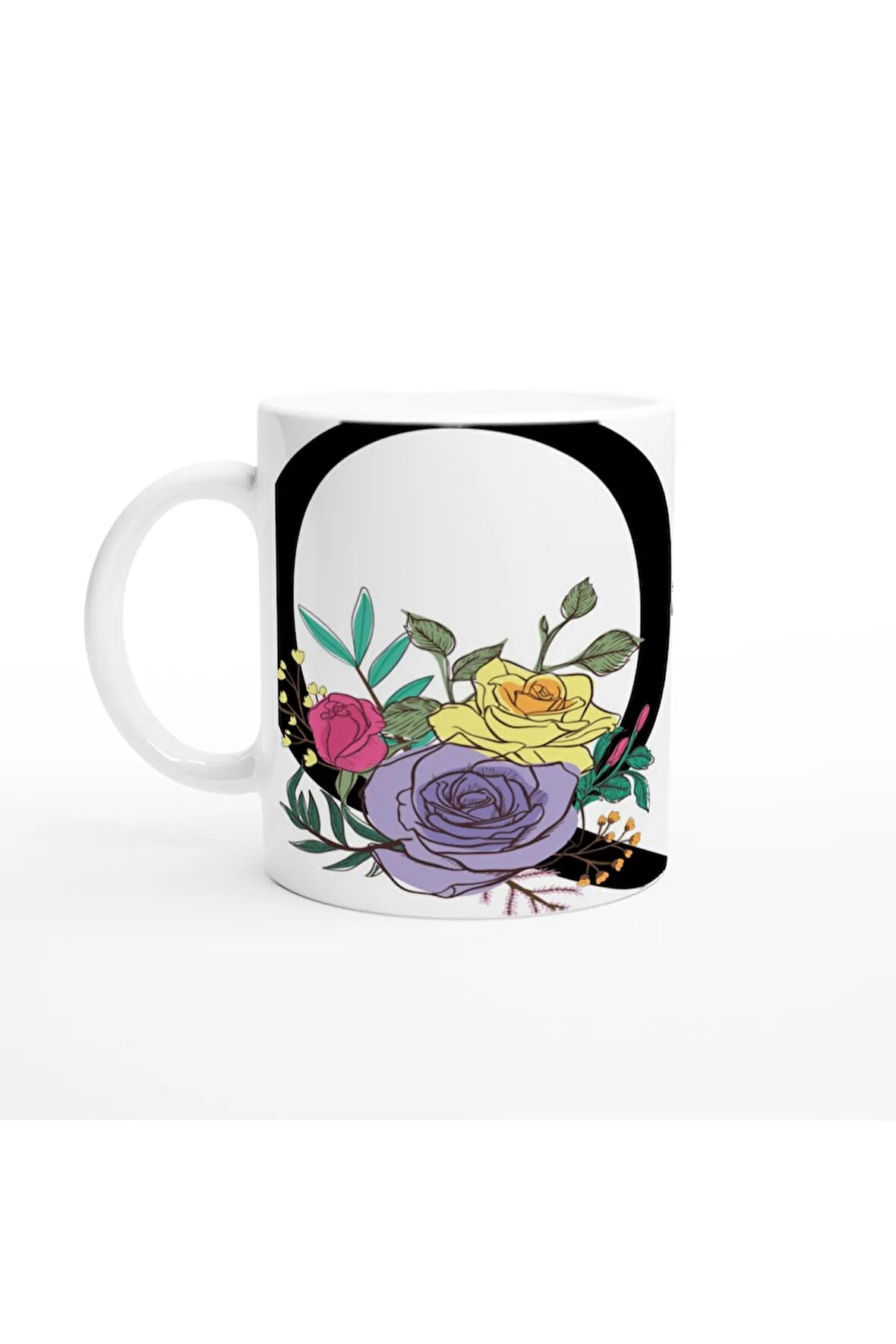 Q Harfi Çiçek Motifli Harfli Kupa Bardak