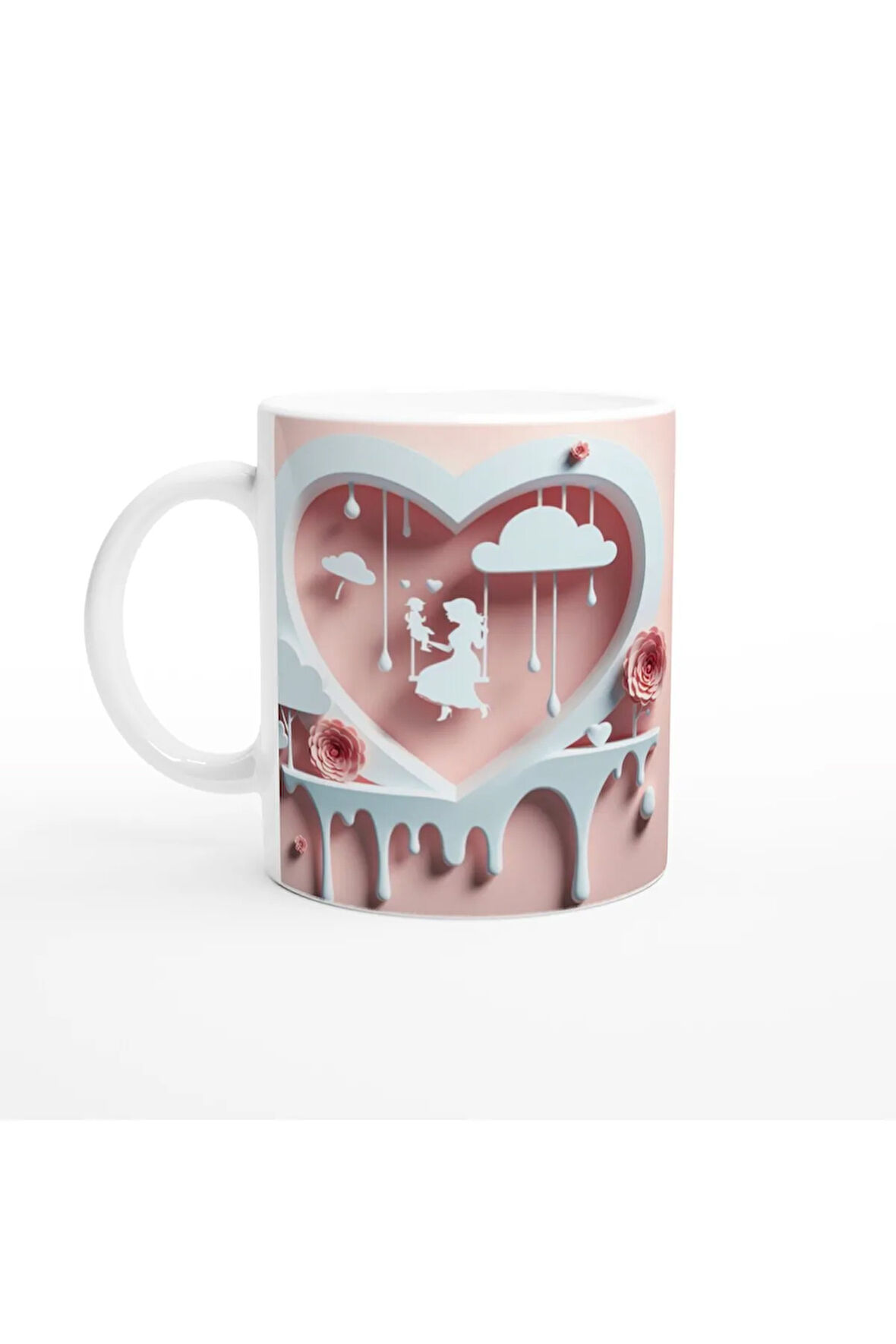 Bulutlu Kalp İçinde Anne ve Çocuk Salıncak Tasarımlı Kupa Bardak