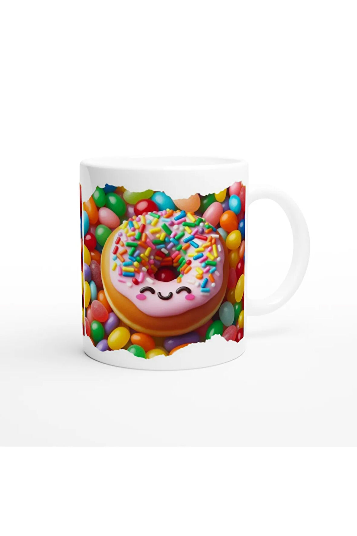 Gülen Donut ve Renkli Şekerler Temalı Çocuklara Özel Baskılı Kupa Bardak