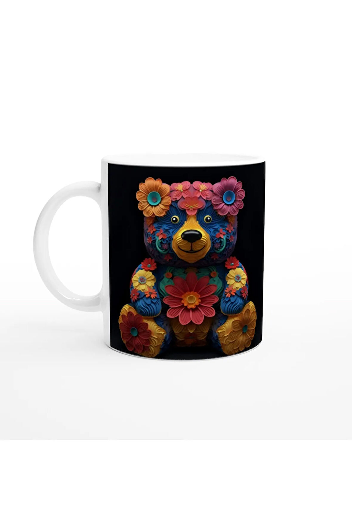 Çiçekli Sevimli Ayıcık Temalı Renkli Sanatsal Kupa Bardak