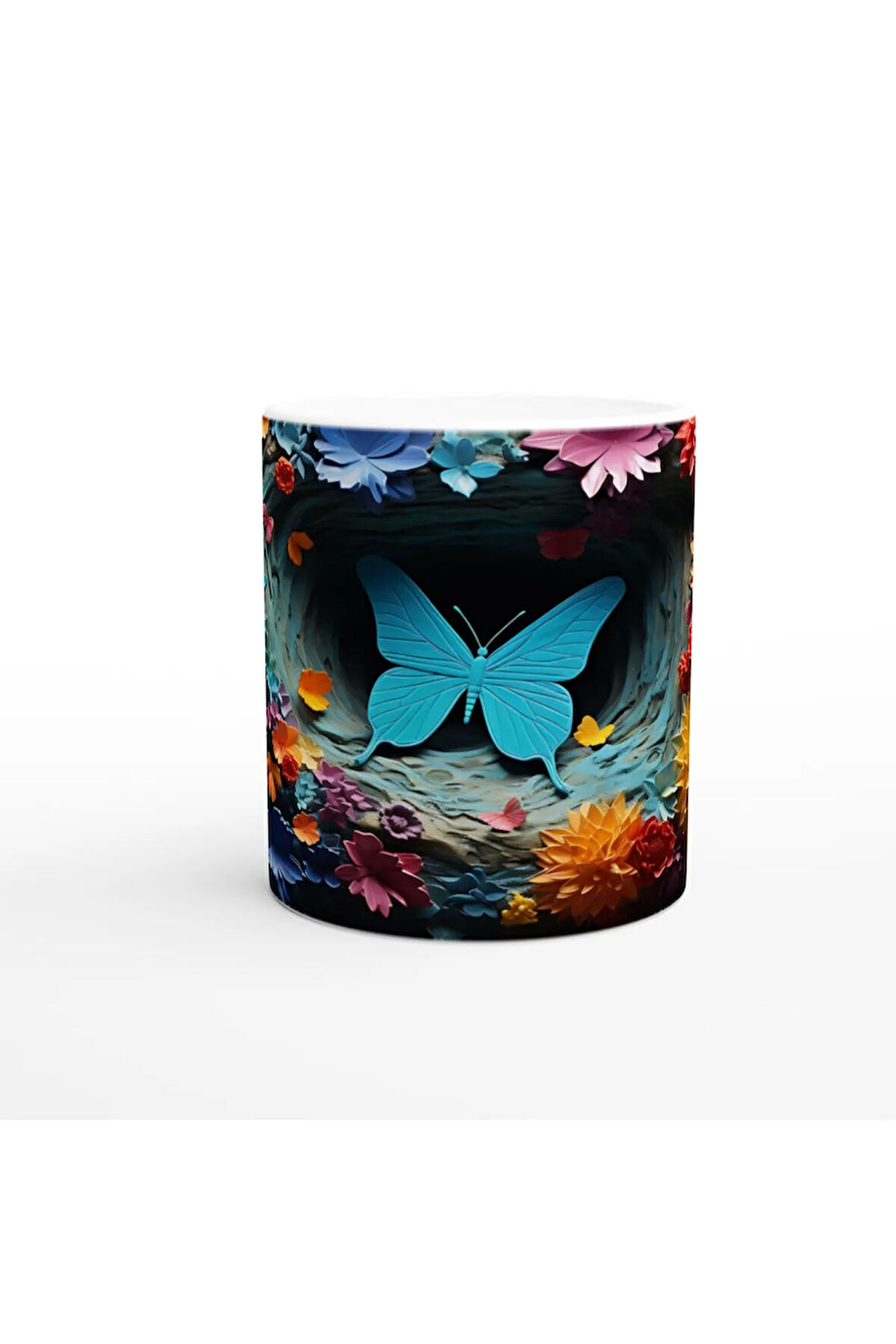 Çiçekler Bahçesinde Parlayan Mavi Kelebek Baskılı Kupa Bardak
