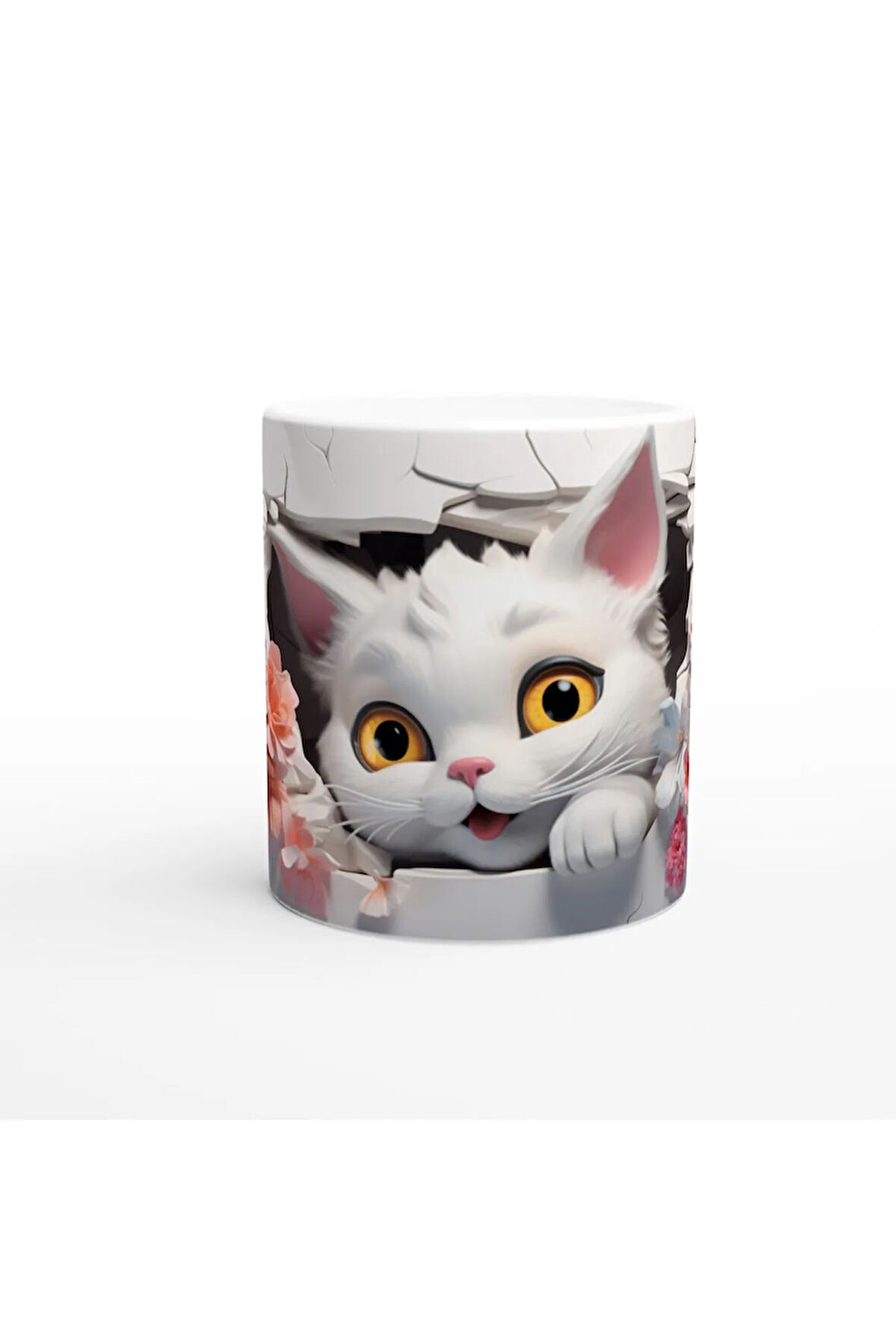 Çiçekler Arasından Bakan Neşeli Kedi Baskılı Kupa Bardak