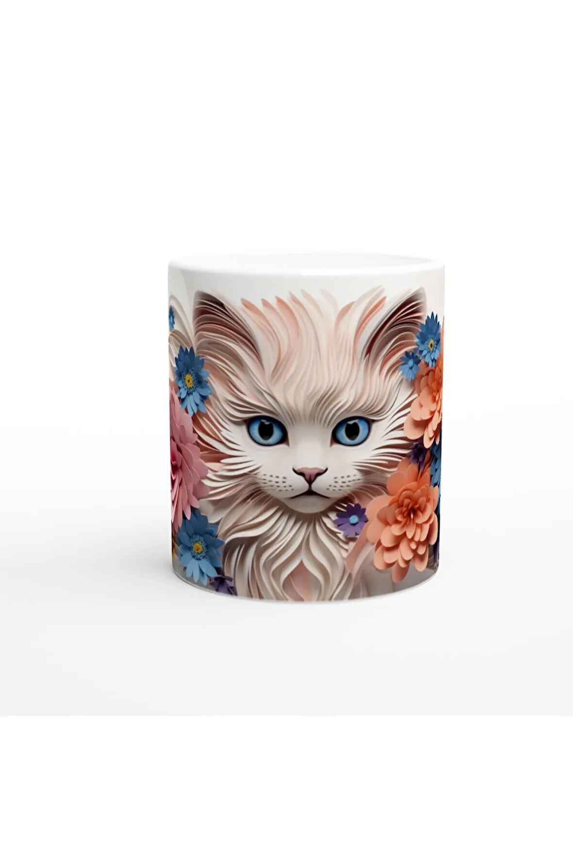 Kağıt Çiçeklerle Süslenmiş Mavi Gözlü Kedi Baskılı Kupa Bardak