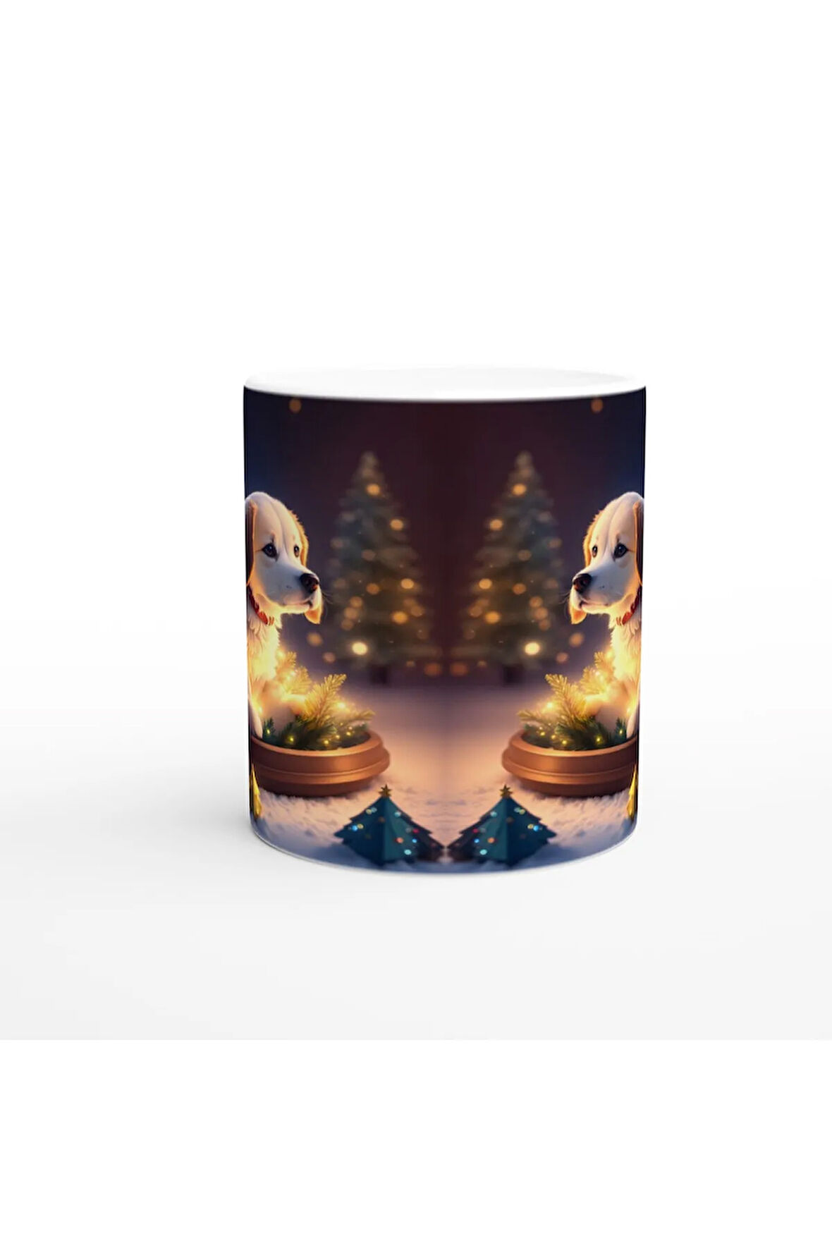 Çam Dallarına Sarınmış Işıl Işıl Köpekçik Baskılı Kupa Bardak