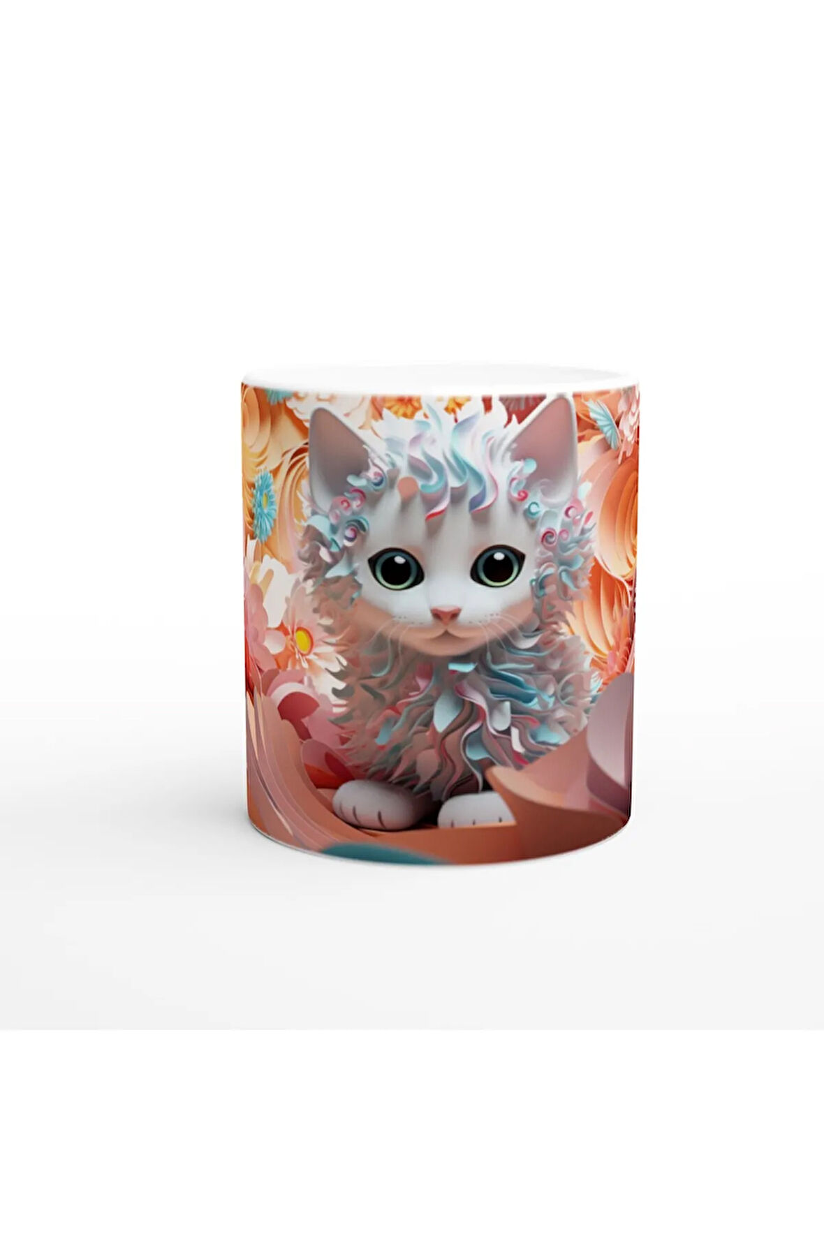Kıvırcık Tüylü Sevimli Kedi ve Renkli Çiçekler Baskılı Kupa Bardak