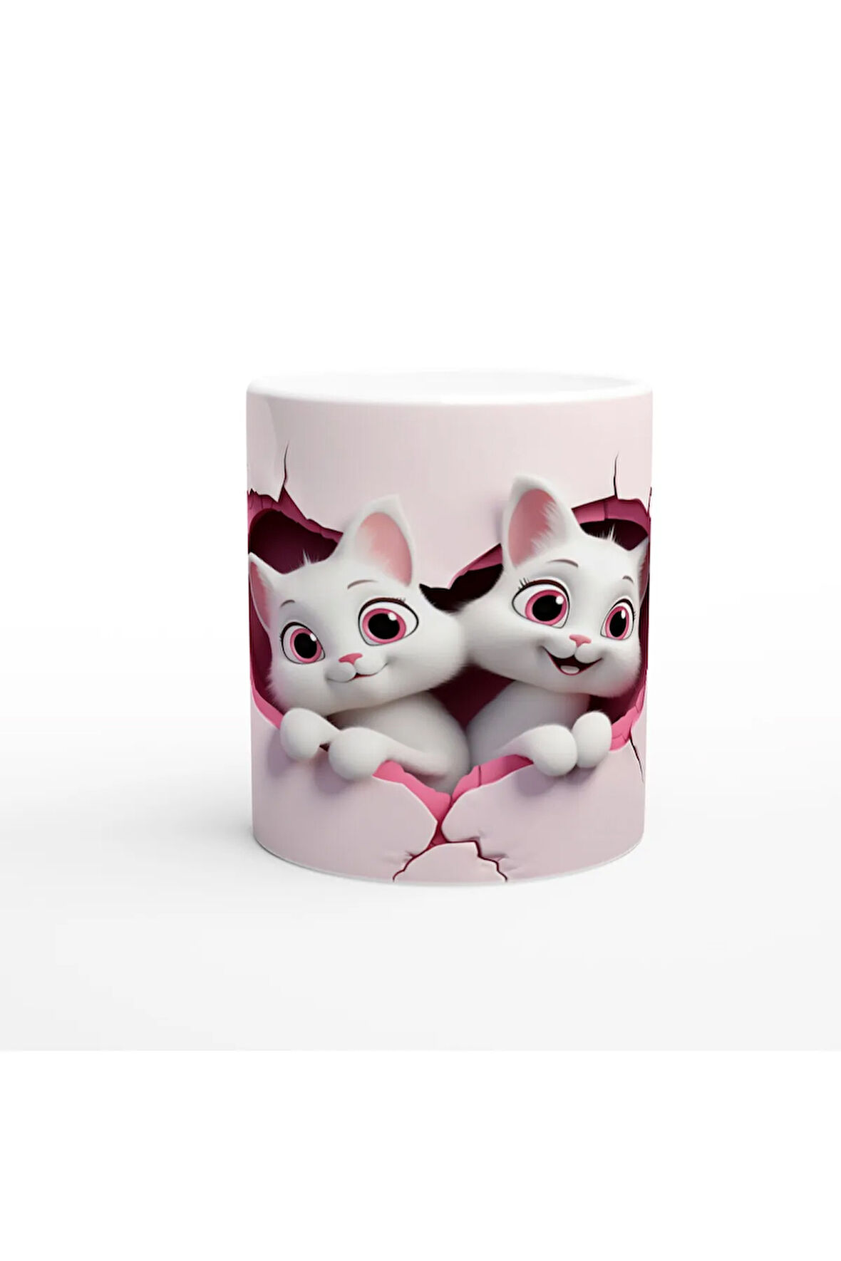 Pembe Duvarı Delen Sevimli İkiz Karikatür Kediler Baskılı Kupa Bardak